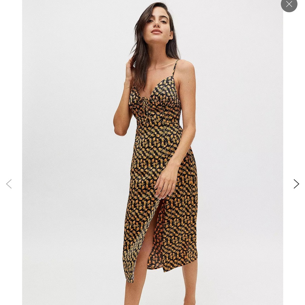 Urban Outfitters Black Midi Slip Dress with Mustard Floral Print